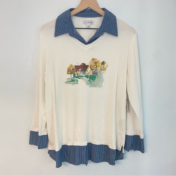New with tags Kim Rogers Cream and Blue Blouse with Scenic Print - Picture 1 of 7